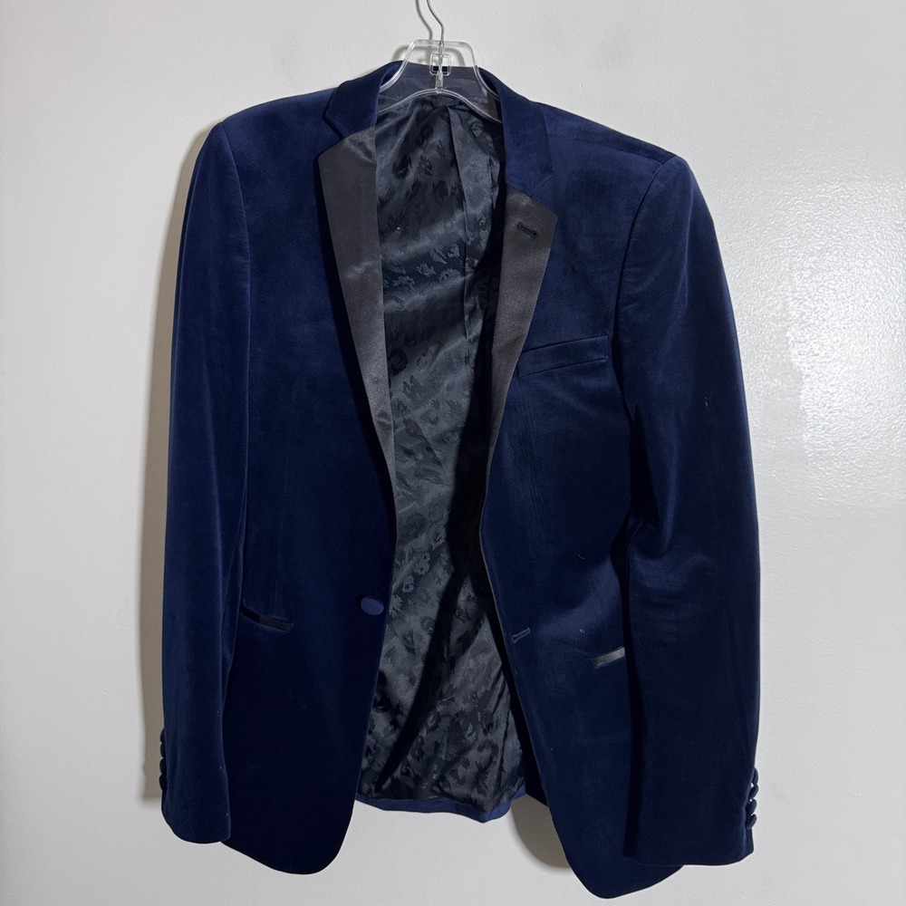 ASOS Tuxedo Blazer Mens 34 Navy Blue Solid Velvet Satin Peak Lapel Slim Fit